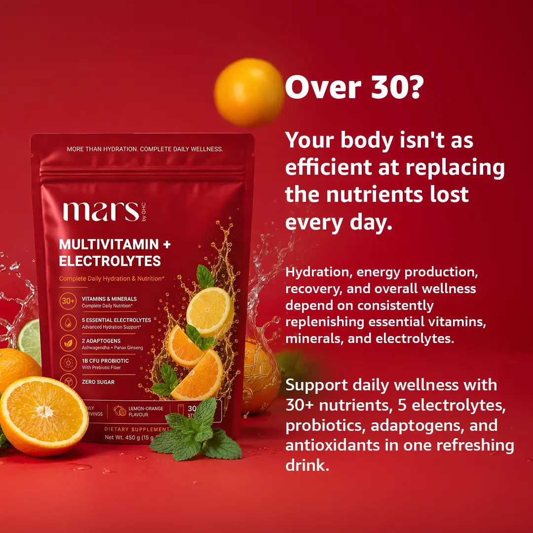 Mars Multivitamin Electrolytes Powder with Vitamins, Minerals, Adaptogens, Probiotics & Electrolytes | Lemon Orange Flavour - Daily Hydration, Energy, Recovery & Whole Body Wellness | 30 Servings - Image 5